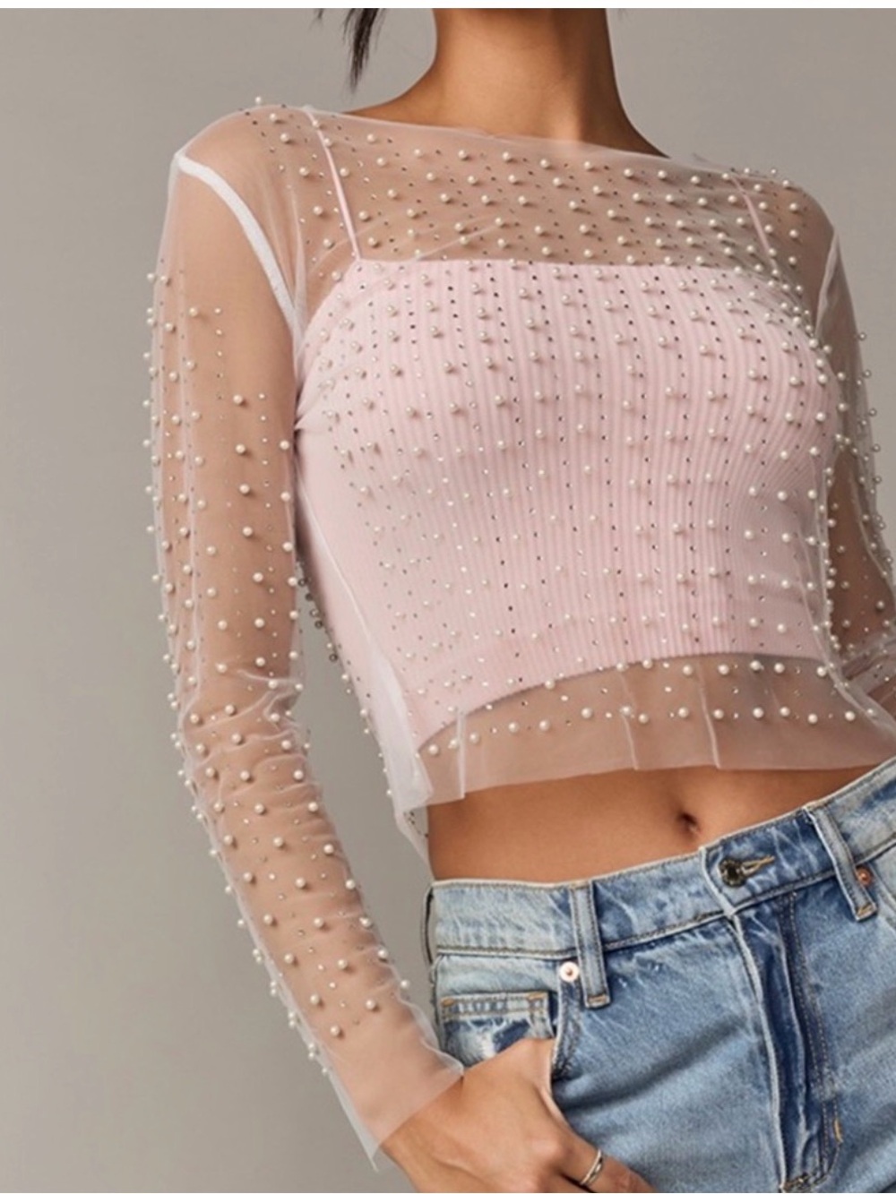 Pearl-Embellished Sheer Pink Crop Top